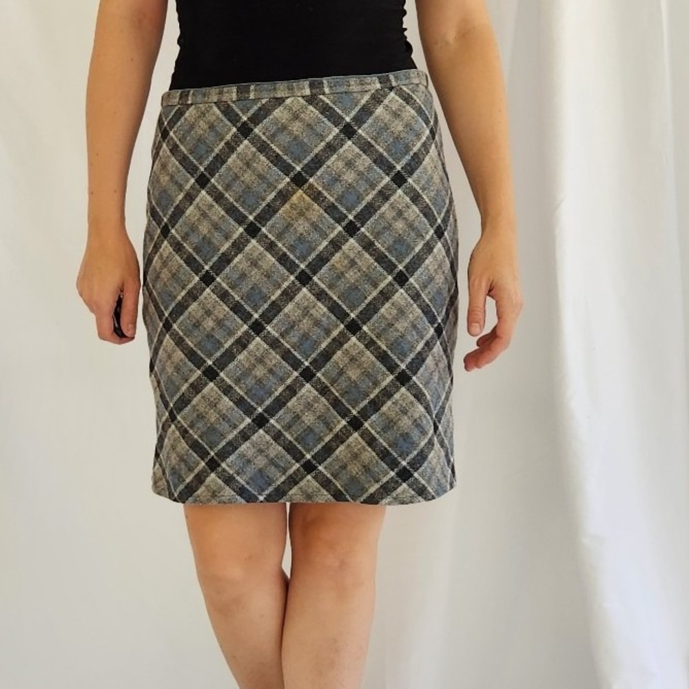 Y2K Gray and Blue Plaid Wool Blend Skirt